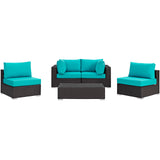 Convene 5 Piece Outdoor Patio Sectional Set Espresso Turquoise EEI-2163-EXP-TRQ-SET