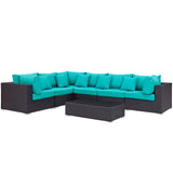 Convene 7 Piece Outdoor Patio Sectional Set Expresso Turquoise EEI-2168-EXP-TRQ-SET