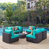 Convene 7 Piece Outdoor Patio Sectional Set Espresso Turquoise EEI-2357-EXP-TRQ-SET