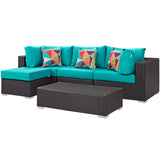 Convene 5 Piece Outdoor Patio Sectional Set Espresso Turquoise EEI-2362-EXP-TRQ-SET