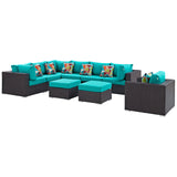 Modway Furniture Convene 9 Piece Outdoor Patio Sectional Set 0423 Espresso Turquoise EEI-2373-EXP-TRQ-SET