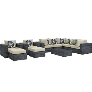 Summon 10 Piece Outdoor Patio Sunbrella® Sectional Set Canvas Antique Beige EEI-2396-GRY-BEI-SET