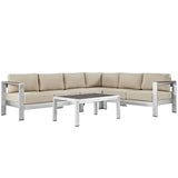 Shore 5 Piece Outdoor Patio Aluminum Sectional Sofa Set Silver Beige EEI-2557-SLV-BEI