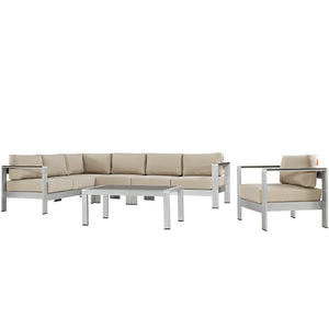 Shore 6 Piece Outdoor Patio Aluminum Sectional Sofa Set Silver Beige EEI-2558-SLV-BEI