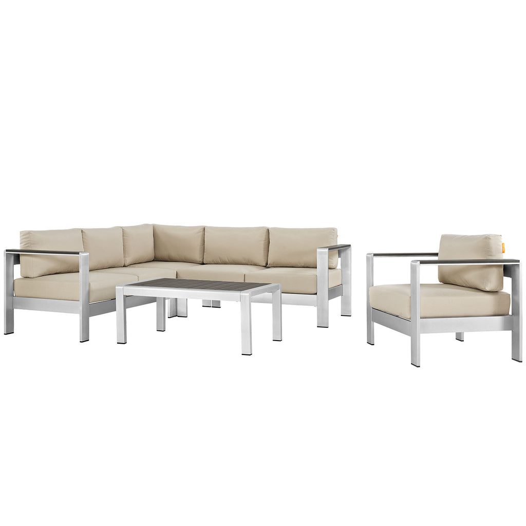 Shore 5 Piece Outdoor Patio Aluminum Sectional Sofa Set Silver Beige EEI-2560-SLV-BEI