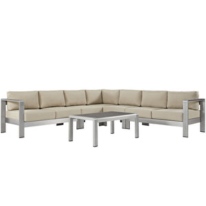 Shore 6 Piece Outdoor Patio Aluminum Sectional Sofa Set Silver Beige EEI-2561-SLV-BEI