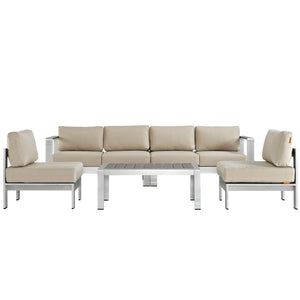 Shore 5 Piece Outdoor Patio Aluminum Sectional Sofa Set Silver Beige EEI-2564-SLV-BEI