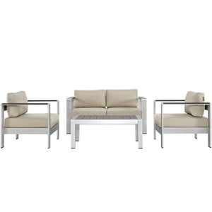 Shore 4 Piece Outdoor Patio Aluminum Sectional Sofa Set Silver Beige EEI-2567-SLV-BEI