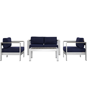 Shore 4 Piece Outdoor Patio Aluminum Sectional Sofa Set Silver Navy EEI-2567-SLV-NAV