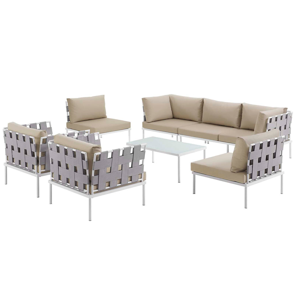 Harmony 8 Piece Outdoor Patio Aluminum Sectional Sofa Set White Beige EEI-2619-WHI-BEI-SET