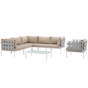 Harmony 7 Piece Outdoor Patio Aluminum Sectional Sofa Set White Beige EEI-2620-WHI-BEI-SET