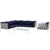 Harmony 7 Piece Outdoor Patio Aluminum Sectional Sofa Set White Navy EEI-2620-WHI-NAV-SET