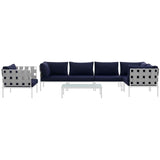 Harmony 7 Piece Outdoor Patio Aluminum Sectional Sofa Set White Navy EEI-2620-WHI-NAV-SET