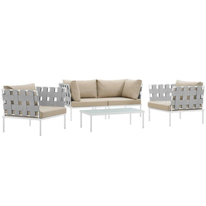 Harmony 5  Piece Outdoor Patio Aluminum Sectional Sofa Set White Beige EEI-2623-WHI-BEI-SET