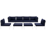 Harmony 8 Piece Outdoor Patio Aluminum Sectional Sofa Set White Navy EEI-2624-WHI-NAV-SET