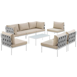 Harmony 8 Piece Outdoor Patio Aluminum Sectional Sofa Set White Beige EEI-2625-WHI-BEI-SET