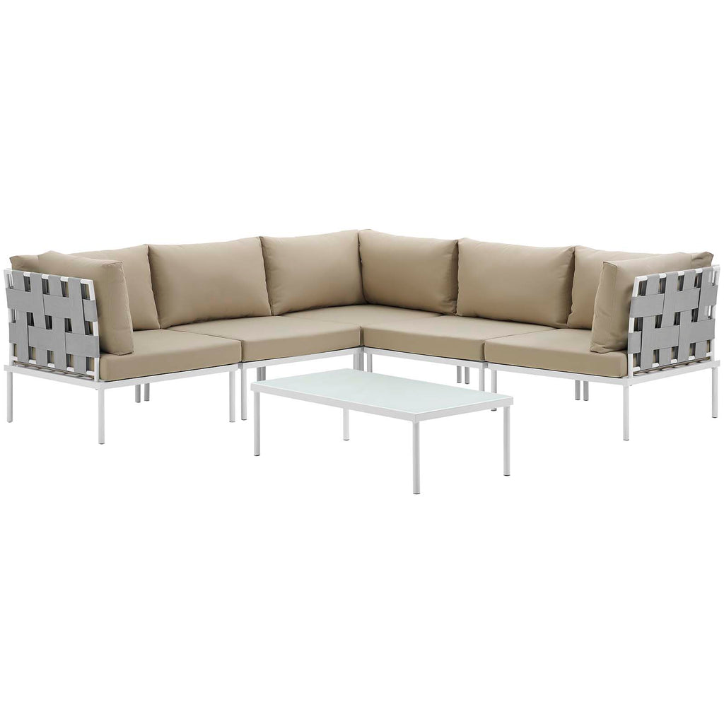 Harmony 6 Piece Outdoor Patio Aluminum Sectional Sofa Set White Beige EEI-2627-WHI-BEI-SET