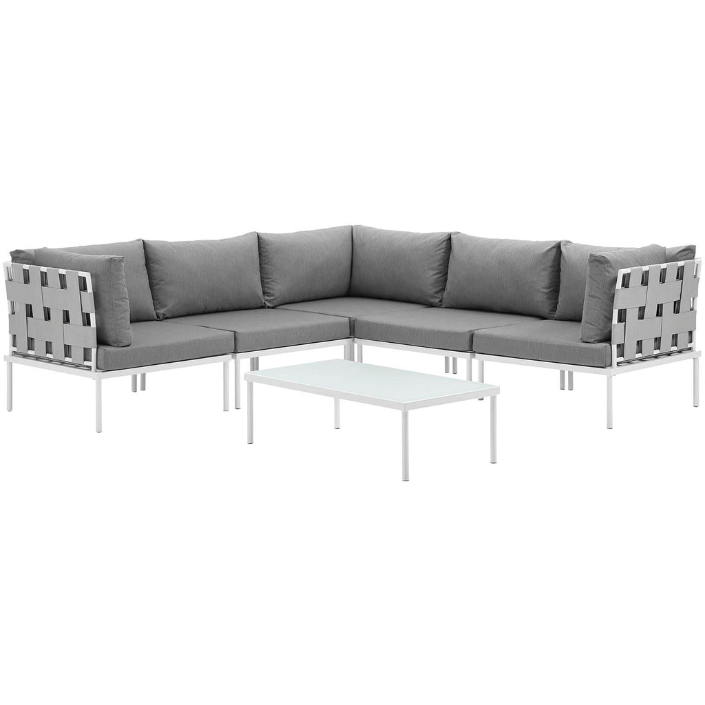 Harmony 6 Piece Outdoor Patio Aluminum Sectional Sofa Set White Gray EEI-2627-WHI-GRY-SET