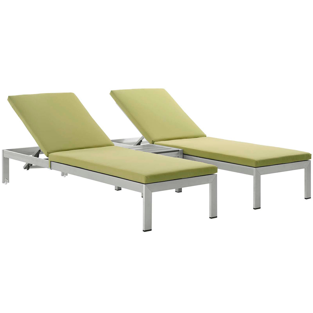 Shore 3 Piece Outdoor Patio Aluminum Chaise with Cushions Silver Peridot EEI-2736-SLV-PER-SET