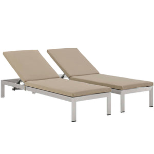 Shore Chaise with Cushions Outdoor Patio Aluminum Set of 2 Silver Beige EEI-2737-SLV-BEI-SET