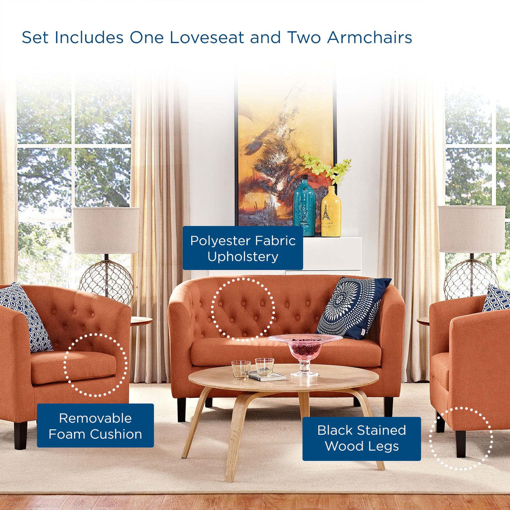 Prospect 3 Piece Upholstered Fabric Loveseat and Armchair Set Orange EEI-3149-ORA-SET