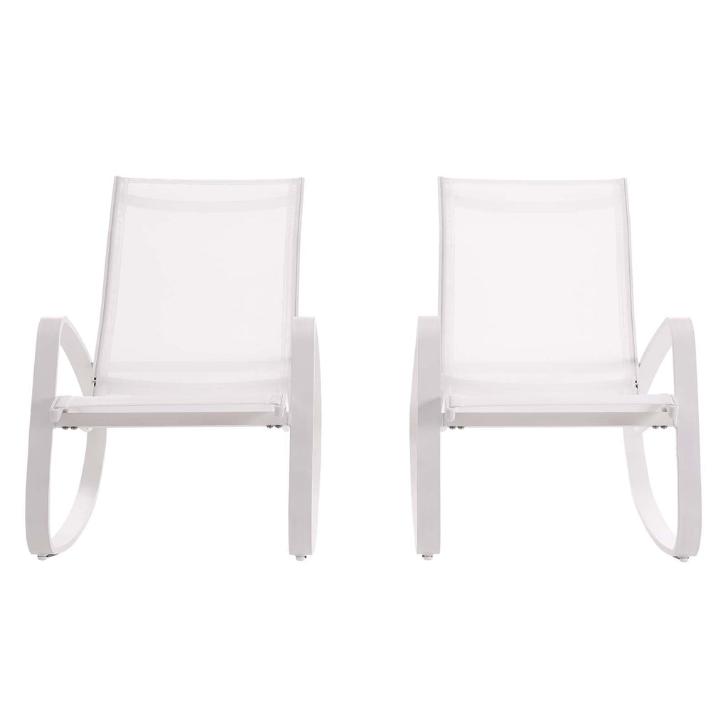 Traveler Rocking Lounge Chair Outdoor Patio Mesh Sling Set of 2 White White EEI-3180-WHI-WHI-SET