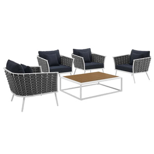 Stance 5 Piece Outdoor Patio Aluminum Sectional Sofa Set White Navy EEI-3321-WHI-NAV-SET