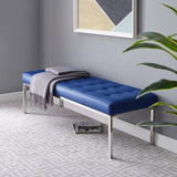 Loft Tufted Large Upholstered Faux Leather Bench Silver Navy EEI-3397-SLV-NAV