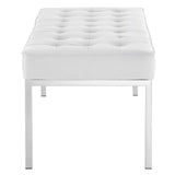 Loft Tufted Large Upholstered Faux Leather Bench Silver White EEI-3397-SLV-WHI