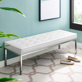 Loft Tufted Large Upholstered Faux Leather Bench Silver White EEI-3397-SLV-WHI