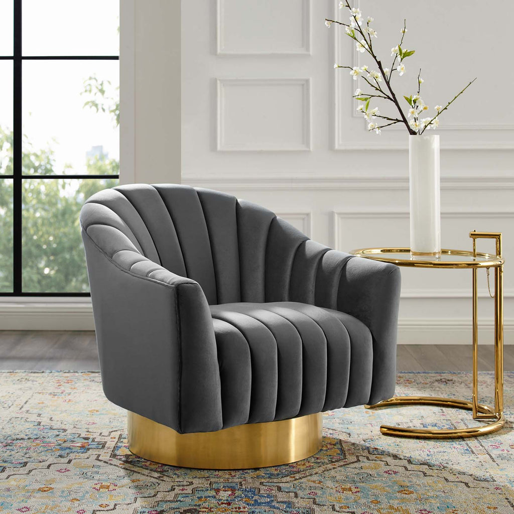 Buoyant Vertical Channel Tufted Accent Lounge Performance Velvet Swivel Chair Gray EEI-3459-GRY