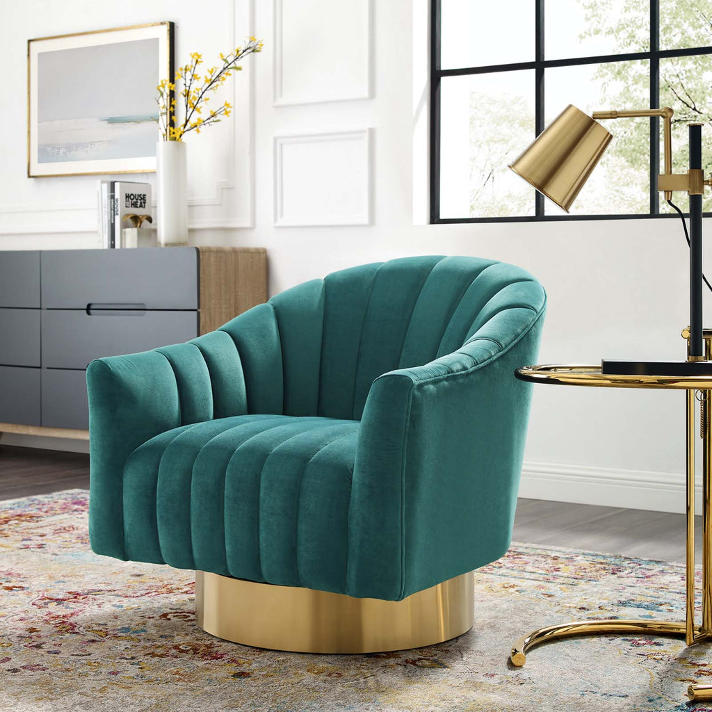 Buoyant Vertical Channel Tufted Accent Lounge Performance Velvet Swivel Chair Teal EEI-3459-TEA