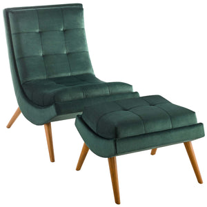 Ramp Upholstered Performance Velvet Lounge Chair and Ottoman Set Green EEI-3487-GRN