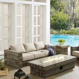 Manteo Rustic Coastal Outdoor Patio Sunbrella® Sofa and Fire Pit Set Light Gray Beige EEI-3654-LGR-BEI-SET