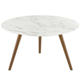 Lippa 28" Round Artificial Marble Coffee Table with Tripod Base Walnut White EEI-3660-WAL-WHI