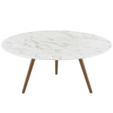 Lippa 36" Round Artificial Marble Coffee Table with Tripod Base Walnut White EEI-3661-WAL-WHI