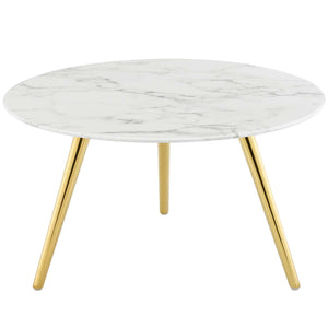 Lippa 28" Round Artificial Marble Coffee Table with Tripod Base EEI-3664-GLD-WHI