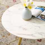 Lippa 28" Round Artificial Marble Coffee Table with Tripod Base EEI-3664-GLD-WHI