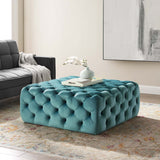 Amour Tufted Button Large Square Performance Velvet Ottoman Sea Blue EEI-3774-SEA