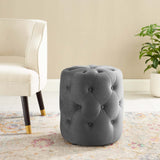 Amour Tufted Button Round Performance Velvet Ottoman Gray EEI-3778-GRY