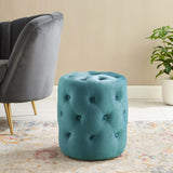 Amour Tufted Button Round Performance Velvet Ottoman Sea Blue EEI-3778-SEA