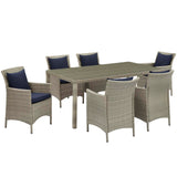 Conduit 7 Piece Outdoor Patio Wicker Rattan Dining Set Light Gray Navy EEI-4015-LGR-NAV-SET