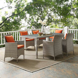 Conduit 7 Piece Outdoor Patio Wicker Rattan Dining Set Light Gray Orange EEI-4015-LGR-ORA-SET