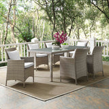 Conduit 7 Piece Outdoor Patio Wicker Rattan Dining Set Light Gray White EEI-4015-LGR-WHI-SET