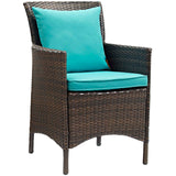 Conduit Outdoor Patio Wicker Rattan Dining Armchair Set of 2 Brown Turquoise EEI-4030-BRN-TRQ