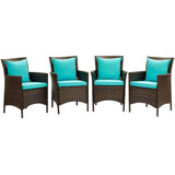Conduit Outdoor Patio Wicker Rattan Dining Armchair Set of 4 Brown Turquoise EEI-4031-BRN-TRQ