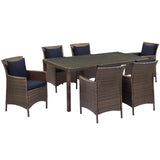 Conduit 7 Piece Outdoor Patio Wicker Rattan Dining Set Brown Navy EEI-4032-BRN-NAV-SET