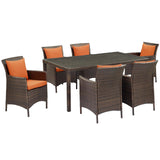 Conduit 7 Piece Outdoor Patio Wicker Rattan Dining Set Brown Orange EEI-4032-BRN-ORA-SET