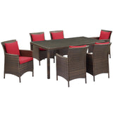 Conduit 7 Piece Outdoor Patio Wicker Rattan Dining Set Brown Red EEI-4032-BRN-RED-SET