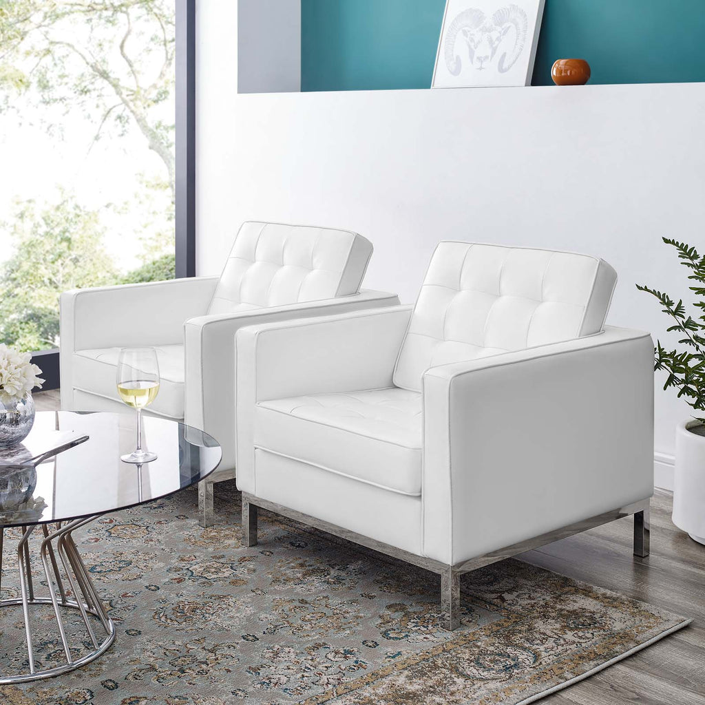 Loft Tufted Upholstered Faux Leather Armchair Set of 2 Silver White EEI-4101-SLV-WHI
